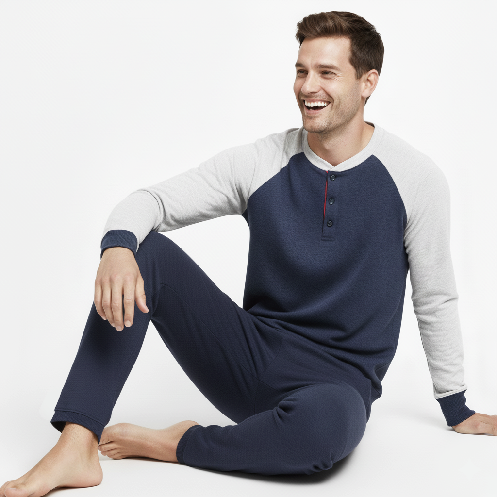 Pigiama uomo blu/grigio con manica rossa