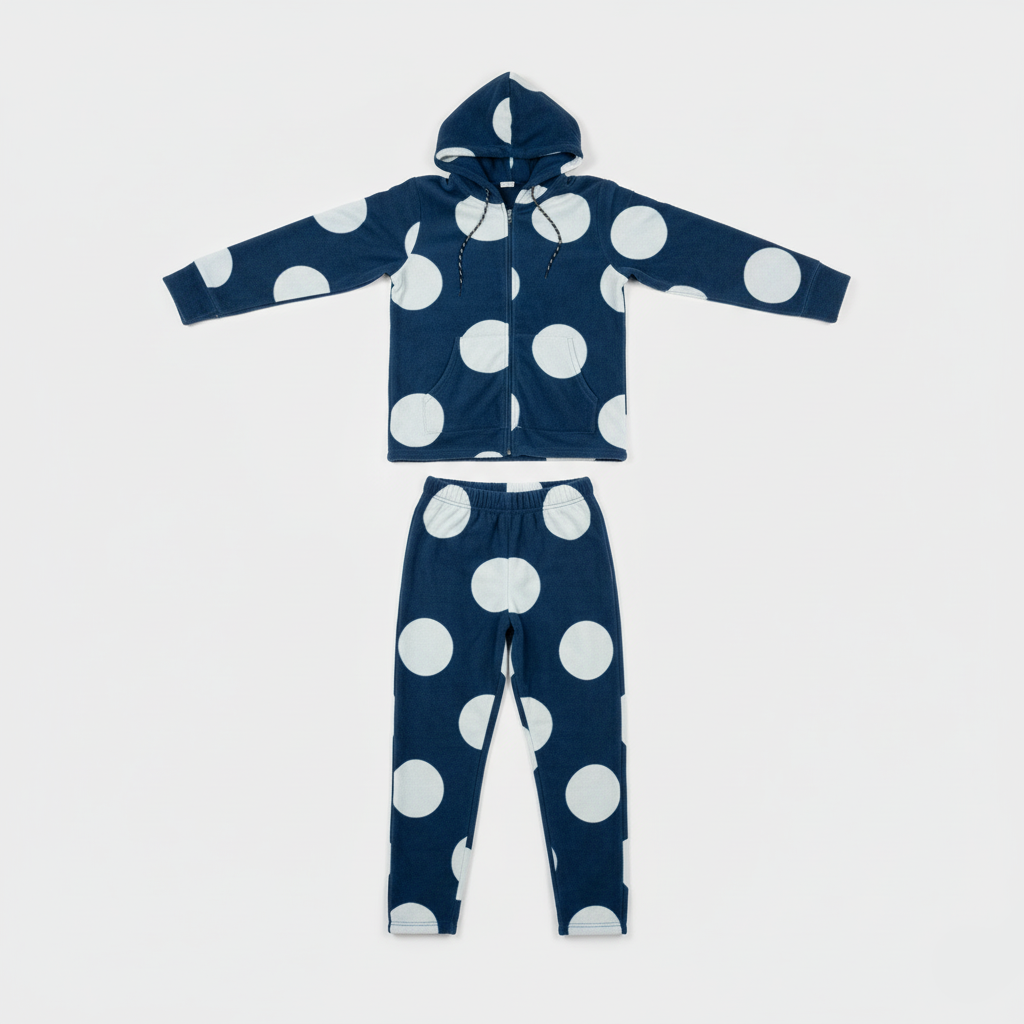 Pigiama donna in pile blu a pois bianchi con cappuccio