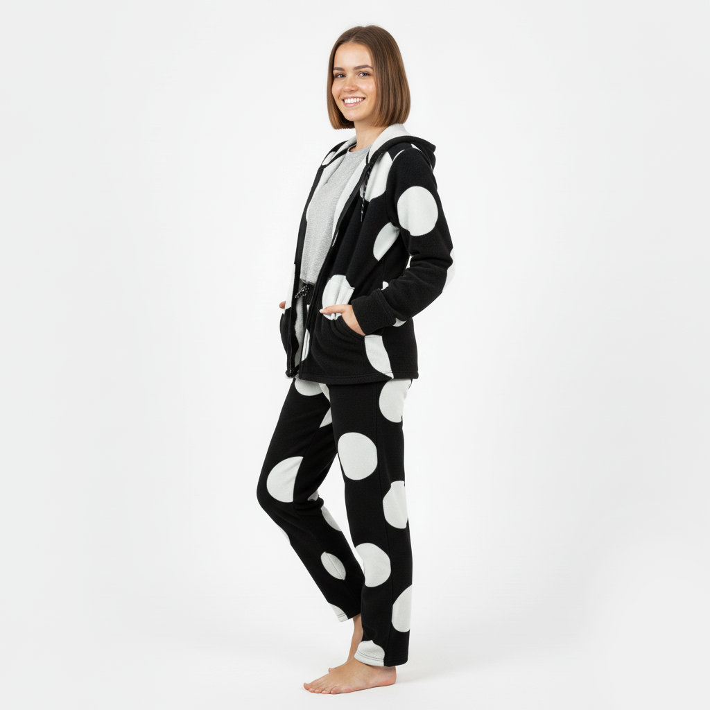 Pigiama donna in pile nero a pois bianchi con cappuccio
