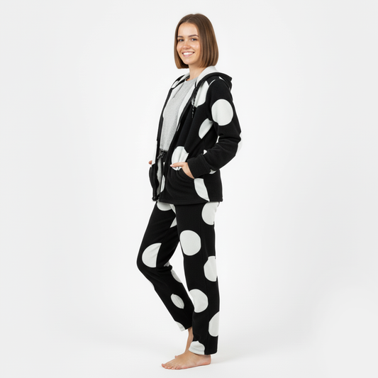 Pigiama donna in pile nero a pois bianchi con cappuccio