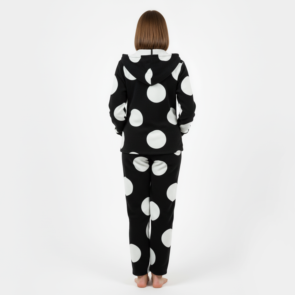 Pigiama donna in pile nero a pois bianchi con cappuccio