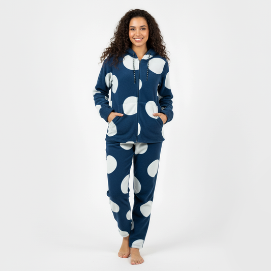 Pigiama donna in pile blu a pois bianchi con cappuccio