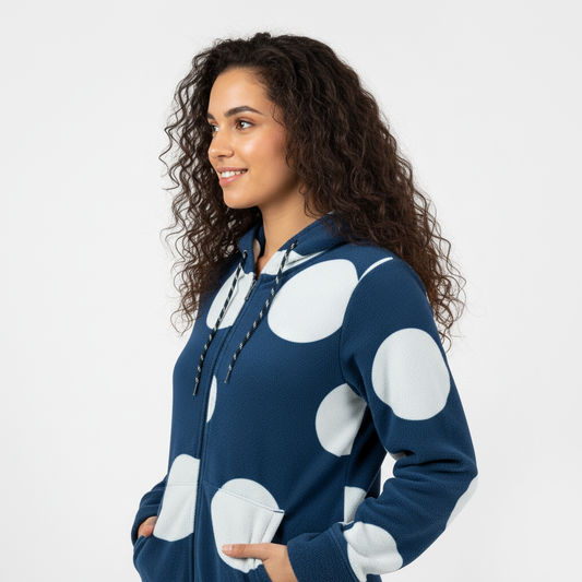 Pigiama donna in pile blu a pois bianchi con cappuccio