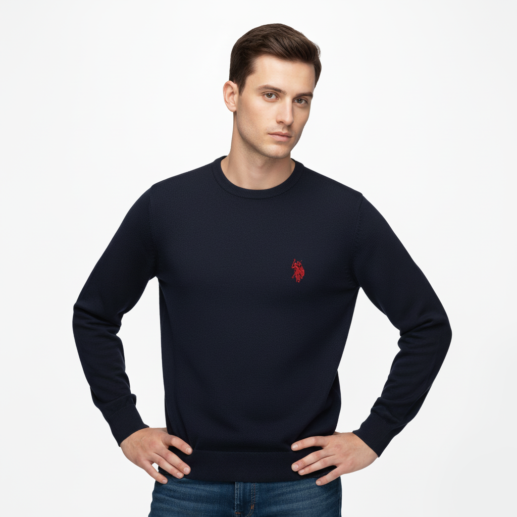 Maglione girocollo blu con logo cavallino