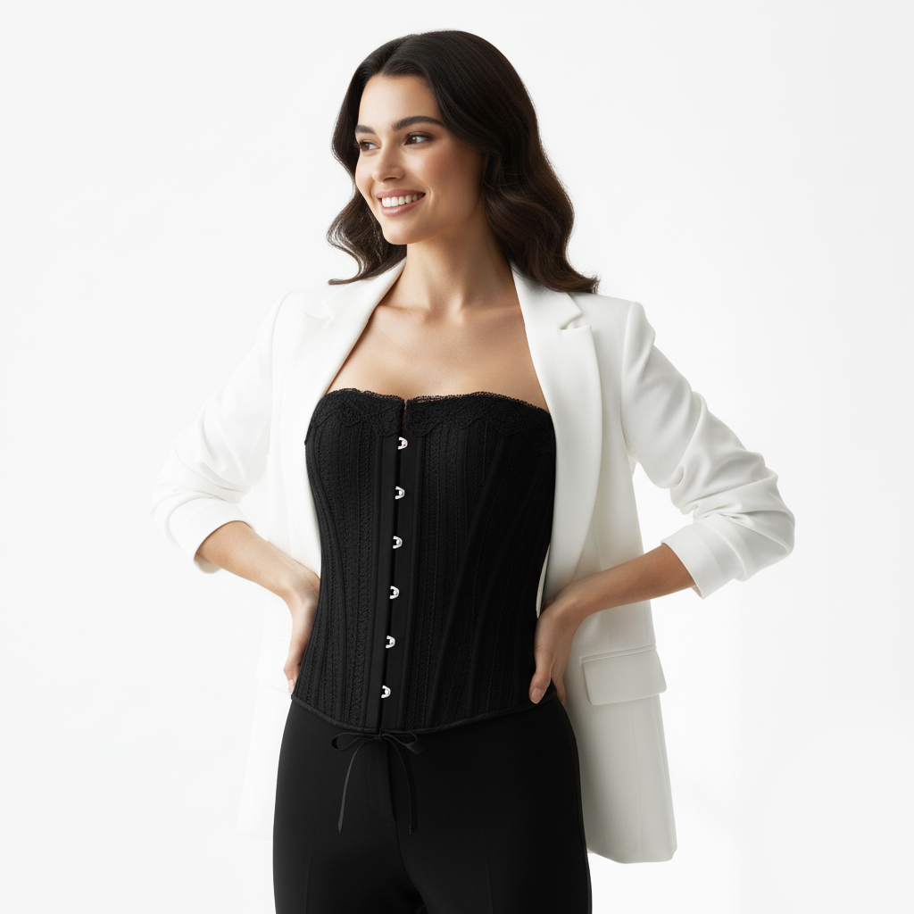 Corsetto nero in pizzo con ganci frontali