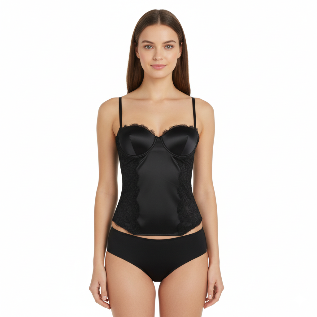 Top bustier nero in satin e pizzo donna
