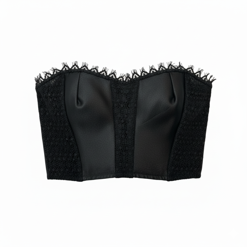 Top bustier nero in satin e pizzo donna