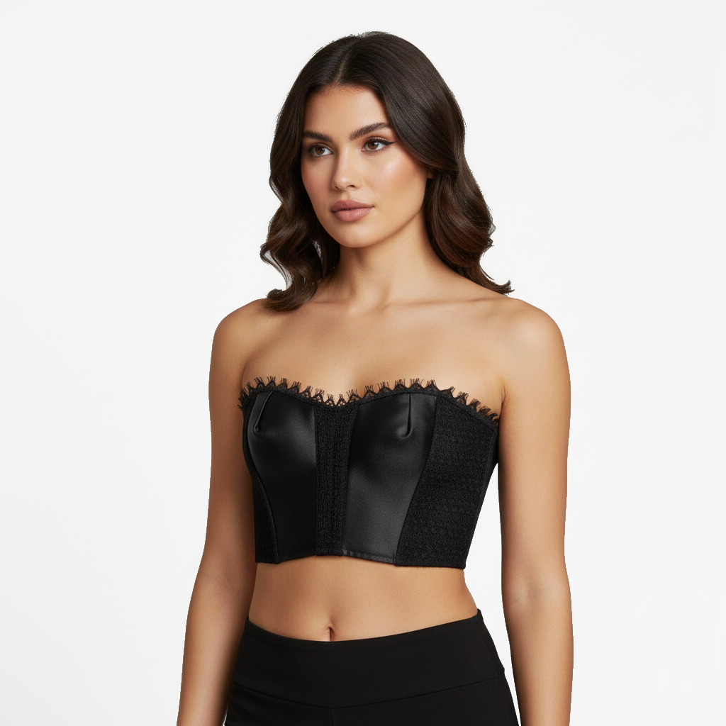 Top bustier nero in satin e pizzo donna