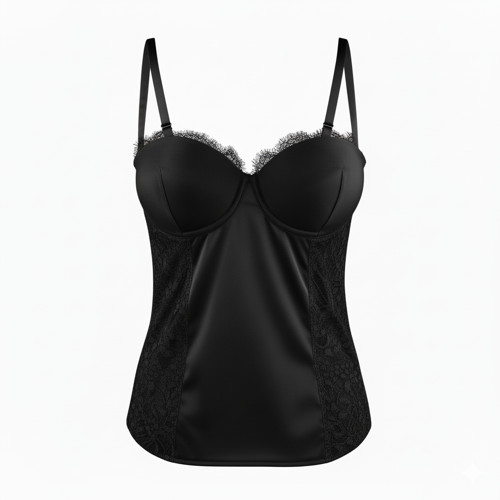 Top bustier nero in satin e pizzo donna