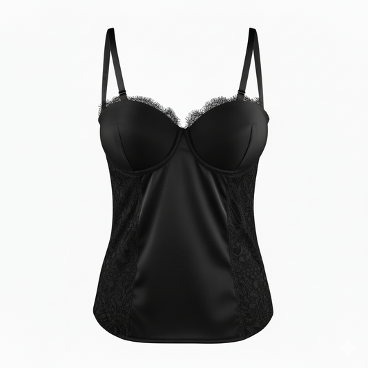 Top bustier nero in satin e pizzo donna