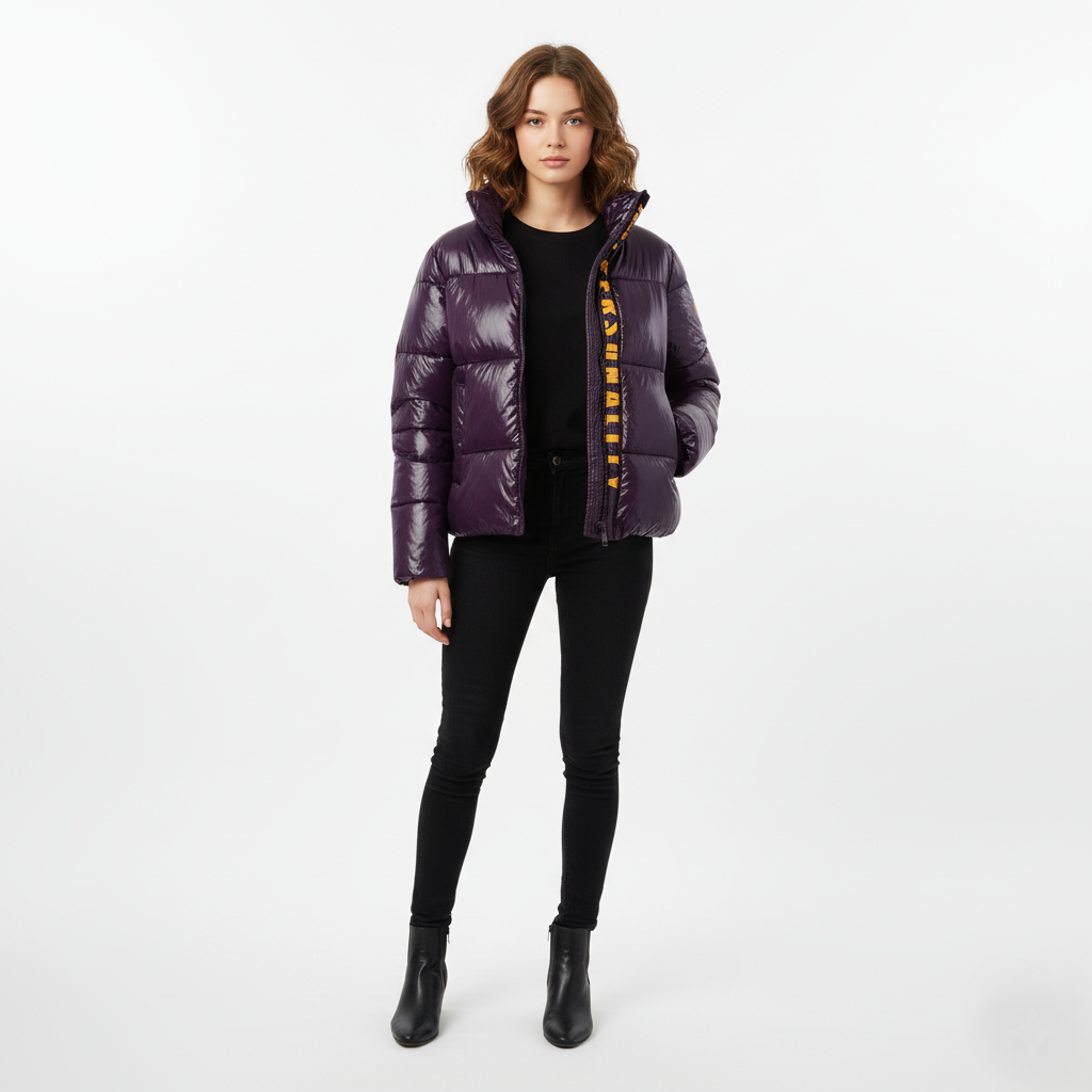 Piumino viola lucido lettering PERSONALITY