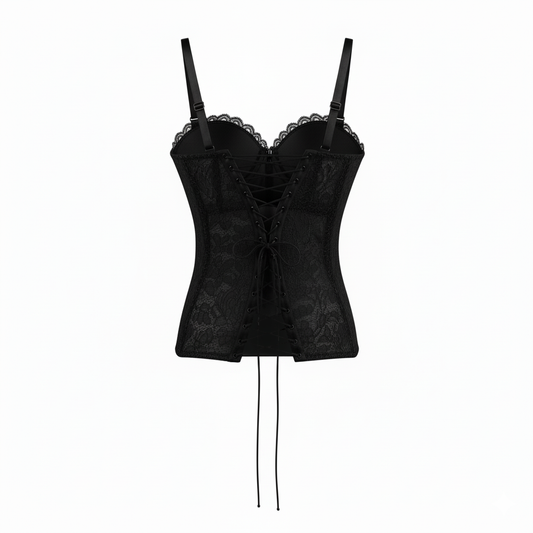 Top bustier nero in satin e pizzo donna