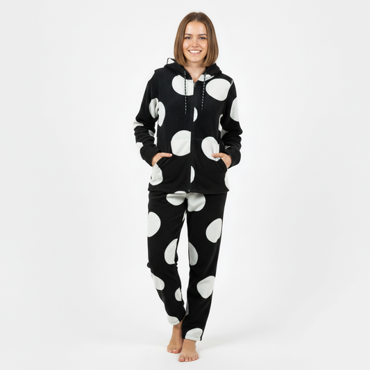 Pigiama donna in pile nero a pois bianchi con cappuccio