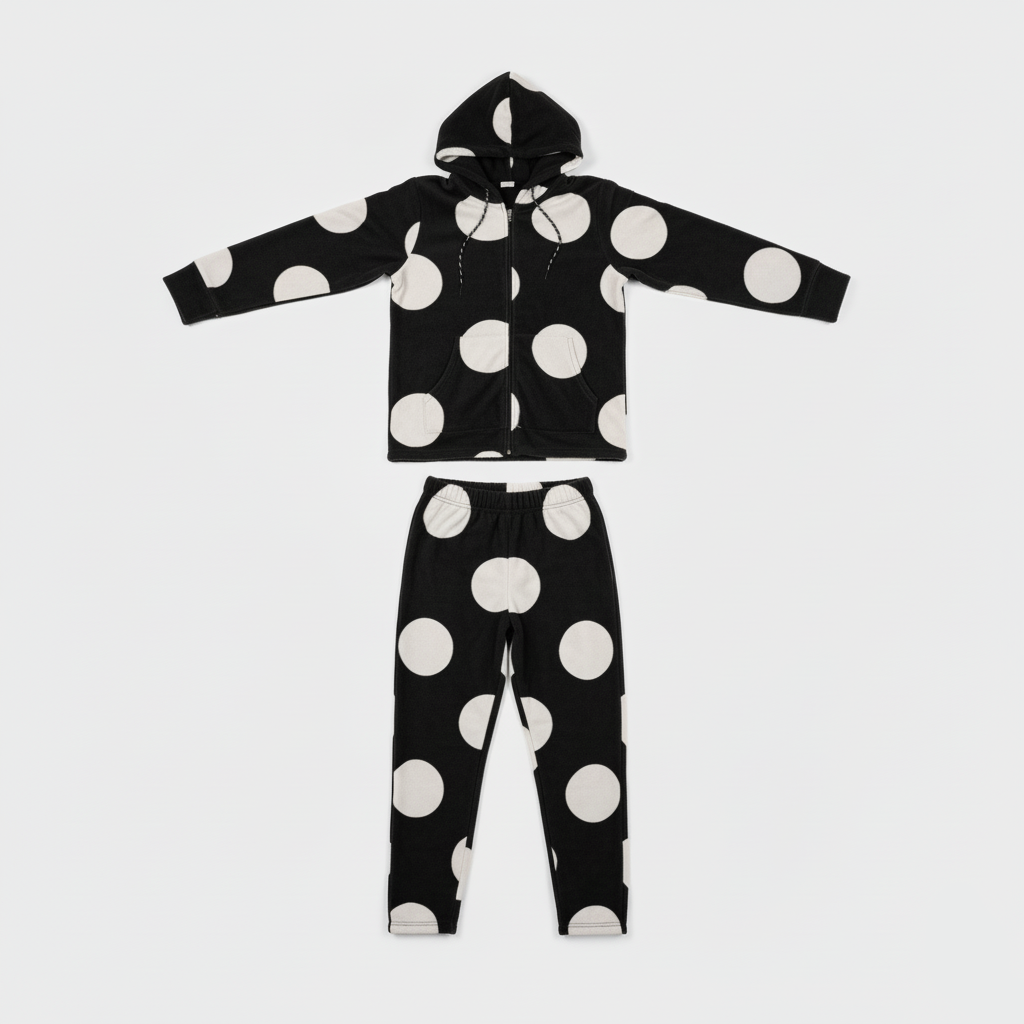 Pigiama donna in pile nero a pois bianchi con cappuccio