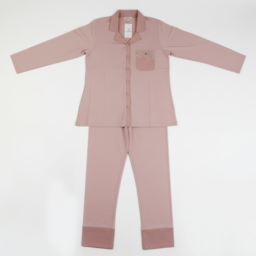 Pigiama donna rosa satin con taschino in pizzo