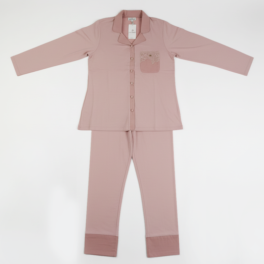 Pigiama donna rosa satin con taschino in pizzo