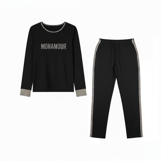 Pigiama donna Monamour nero con dettagli leopardati