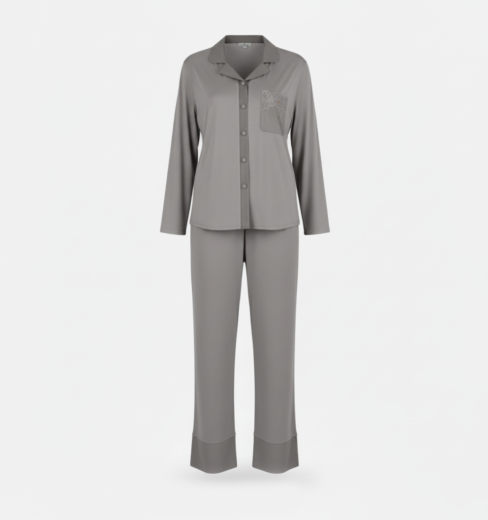 Pigiama donna grigio satin con taschino in pizzo