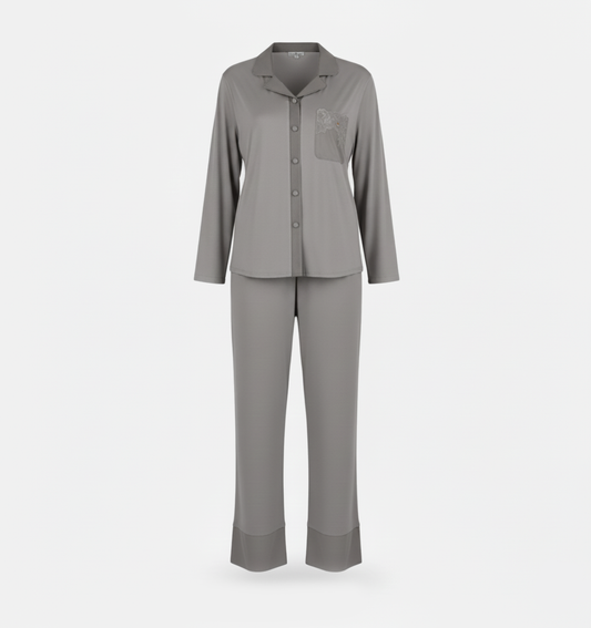 Pigiama donna grigio satin con taschino in pizzo