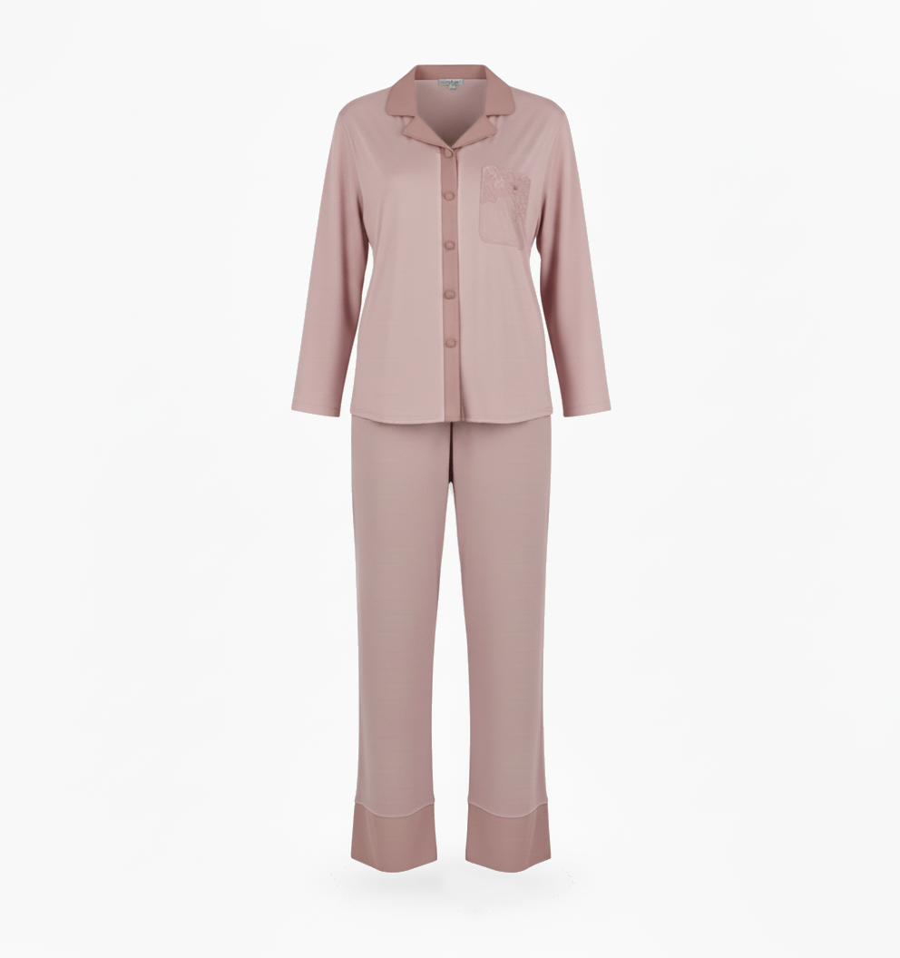 Pigiama donna rosa satin con taschino in pizzo