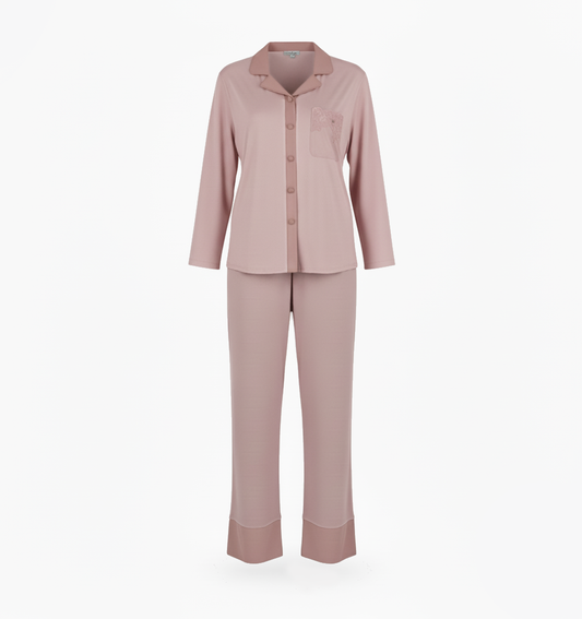 Pigiama donna rosa satin con taschino in pizzo