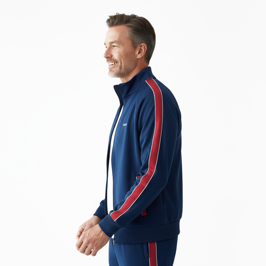 Tuta sportiva uomo blu con bande rosse