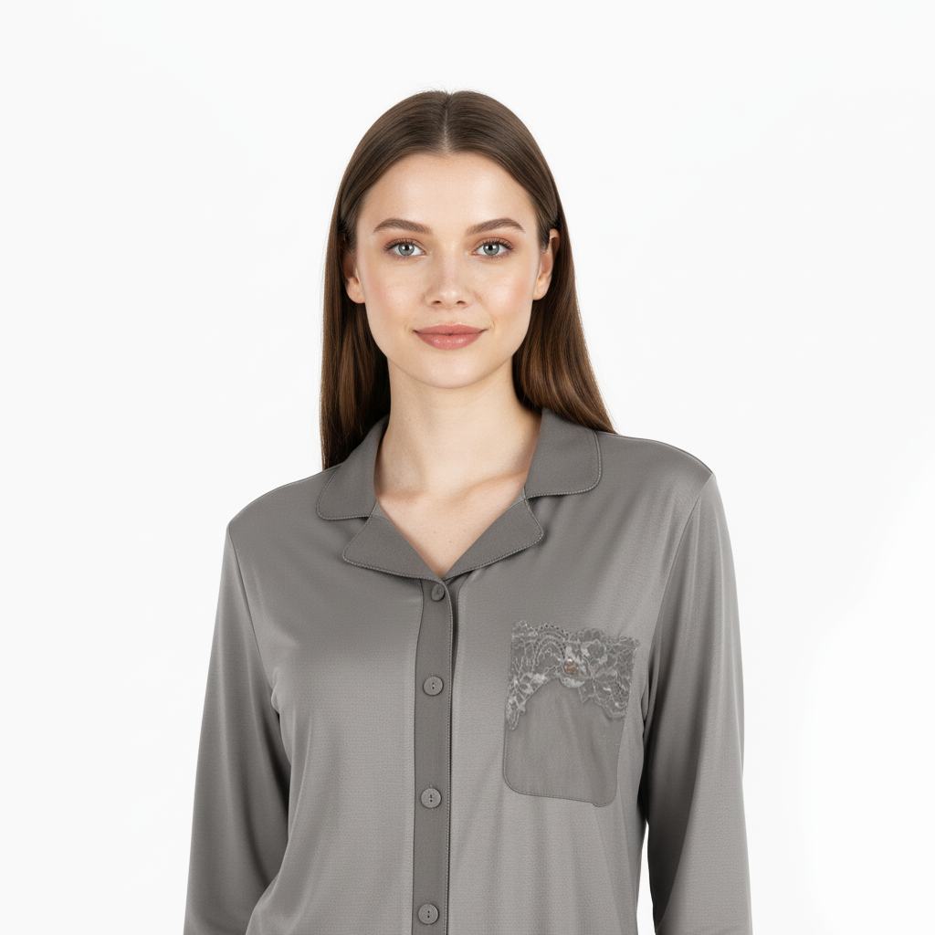 Pigiama donna grigio satin con taschino in pizzo
