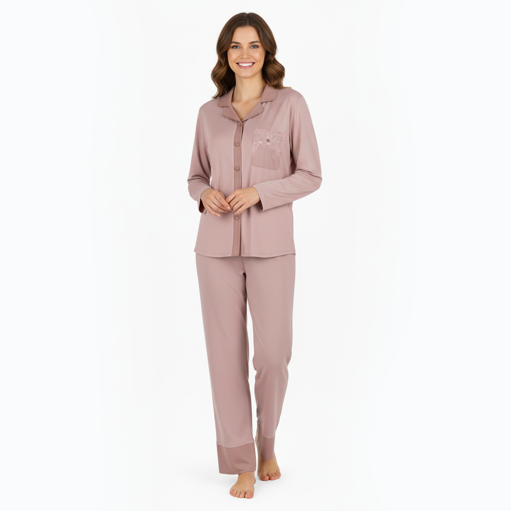Pigiama donna rosa satin con taschino in pizzo