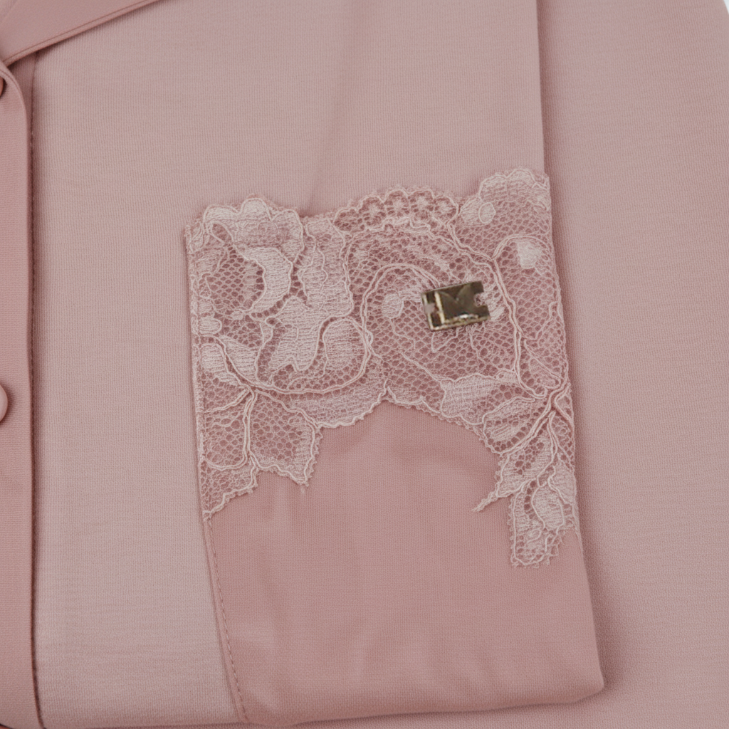 Pigiama donna rosa satin con taschino in pizzo